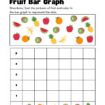 Colorful math worksheet for kids to count fruits and complete a bar graph, combining early literacy and data skills