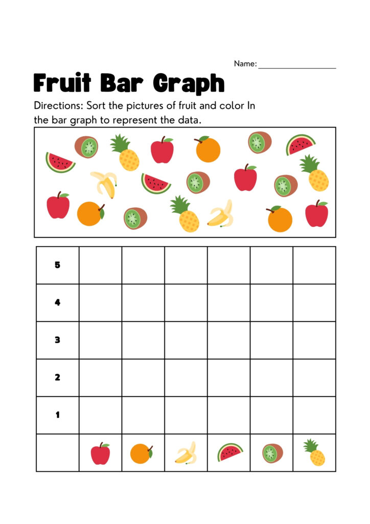 Colorful math worksheet for kids to count fruits and complete a bar graph, combining early literacy and data skills