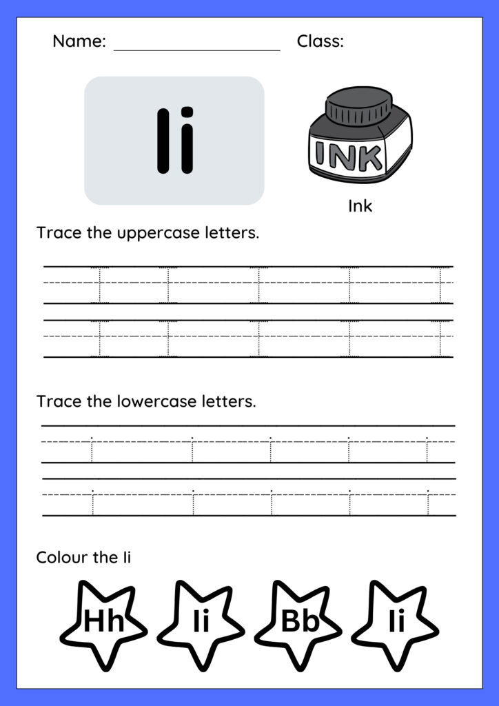 Printable worksheet for tracing uppercase I and lowercase i with dotted lines and directional arrows
