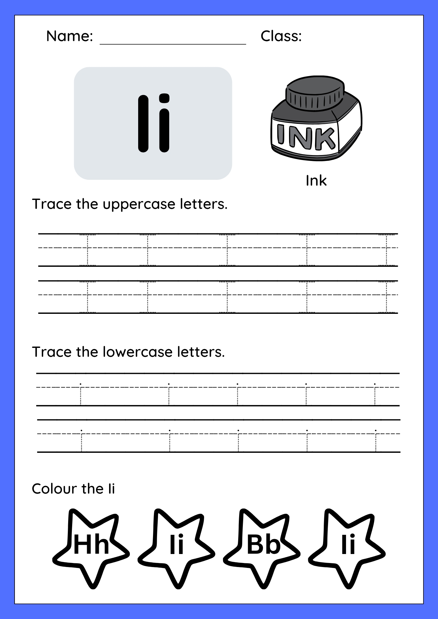Printable worksheet for tracing uppercase I and lowercase i with dotted lines and directional arrows
