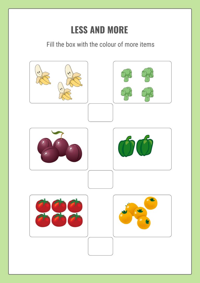 More or less worksheet for preschool and kindergarten. Shows pairs of groups—like three apples vs. one apple—with spaces for children to circle which group has more and which has less.