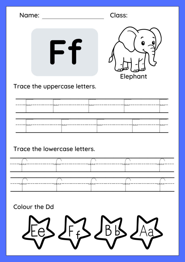 Printable worksheet for kids to practice tracing uppercase F and lowercase f with dotted lines and guiding arrows