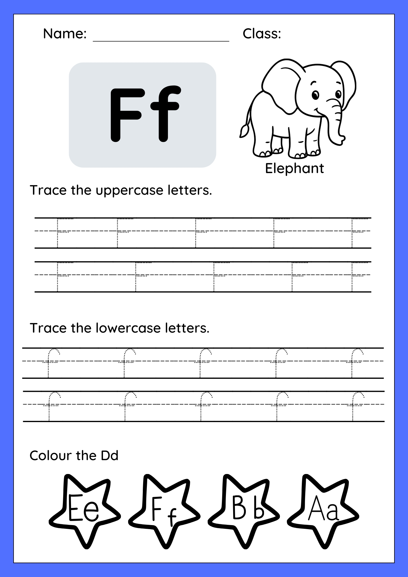 Printable worksheet for kids to practice tracing uppercase F and lowercase f with dotted lines and guiding arrows