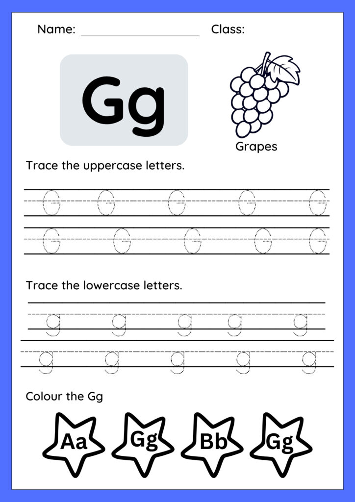 Printable handwriting worksheet for children to trace uppercase G and lowercase g with dotted lines and directional arrows