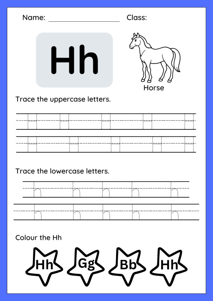 Letter Hh tracing and writing worksheet for preschool and kindergarten. Shows uppercase H and lowercase h with dotted lines, directional arrows, and pictures of a hat and horse.