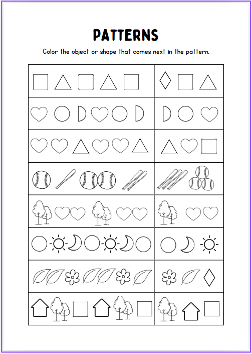 Printable shape pattern worksheet for kids with a sequence of circle, square, circle, square.