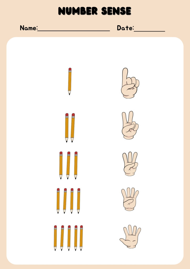 Free printable number sense worksheet for numbers 1 to 5. Shows five sections with counting objects, ten frames, finger counting, and matching activities.