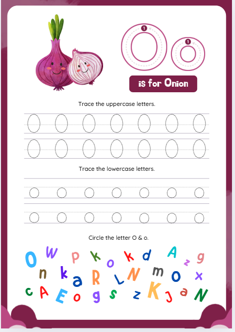 A colorful printable Letter O worksheet for preschoolers featuring tracing exercises and pictures of an octopus, owl, and ostrich.
