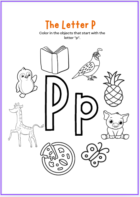 Letter P worksheet for preschool and kindergarten students