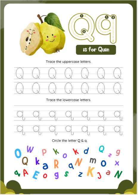 Letter Q tracing worksheet for preschool and kindergarten students