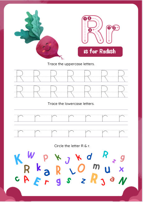 Free Letter R worksheets for preschool and kindergarten with tracing and colouring activities.