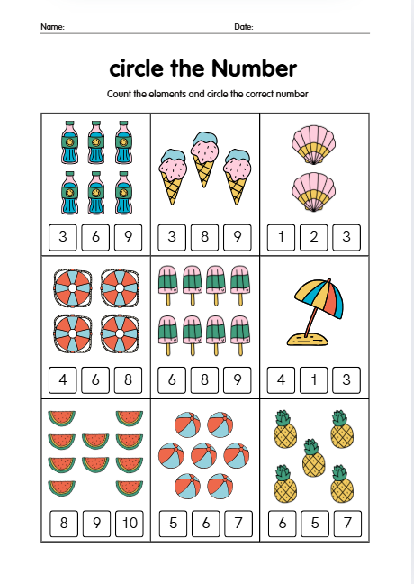 Circle the correct number worksheets for preschool and kindergarten with counting activities.