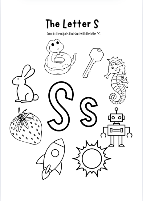 Letter S worksheet for preschool and kindergarten tracing activities.