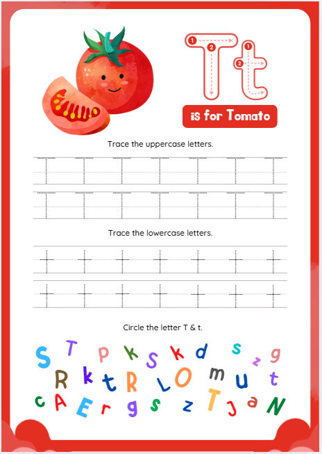 Letter T worksheet for preschool and kindergarten tracing activities.