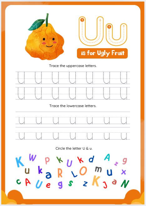 A child tracing the letter U on a worksheet featuring a unicorn and an umbrella.