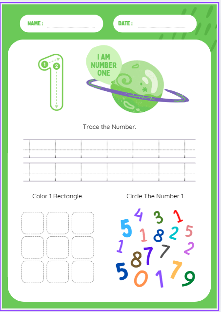 Preschool number 1 tracing worksheet with counting activities and number recognition