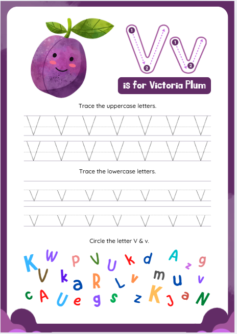 Letter V tracing worksheet with van and violin illustrations for preschool phonics