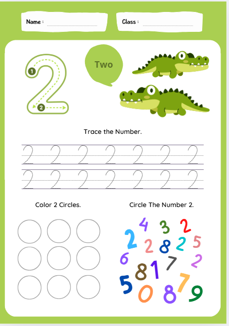 Preschool number 2 tracing worksheet with counting pairs of objects and number recognition games