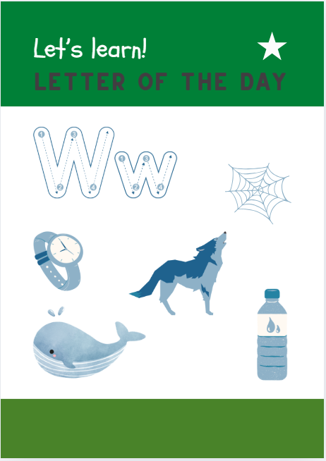 Letter W handwriting worksheet for homeschooling and preschool with whale illustration