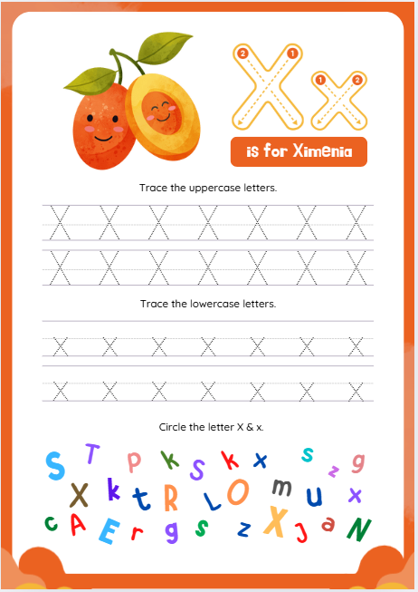 Letter X tracing worksheet with xylophone and fox illustrations for preschool phonics