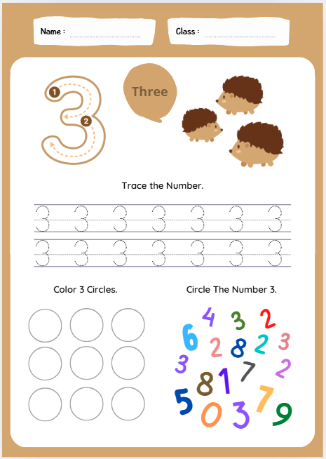 Number 3 preschool worksheet with tracing and counting activities for homeschooling