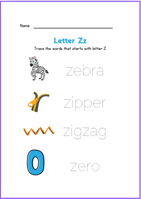 Letter Z tracing worksheet with zebra and zipper pictures for preschool and kindergarten