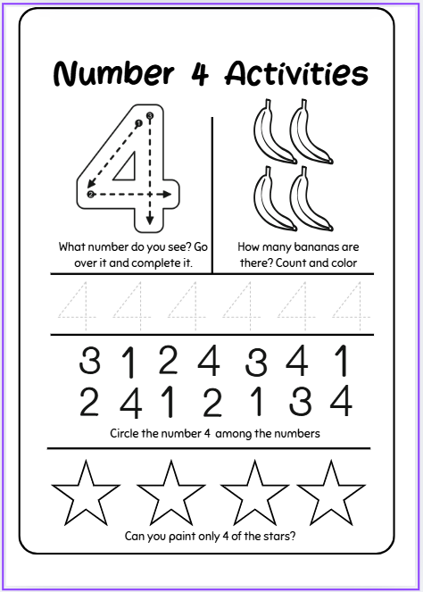 Number 4 worksheet with tracing and counting activities for preschool and kindergarten math
