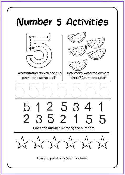 Fantastic Number 5 worksheet with 5 engaging math activities for preschool and kindergarten students