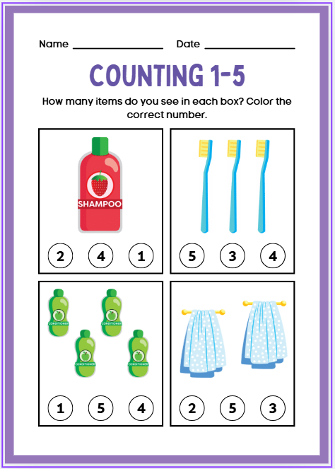 Exciting Numbers 1-5 matching worksheet with counting and number recognition activities for preschool and kindergarten