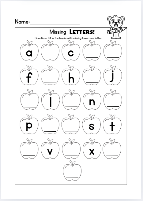 Missing Alphabet worksheet with letter sequencing and recognition activities for preschool and kindergarten