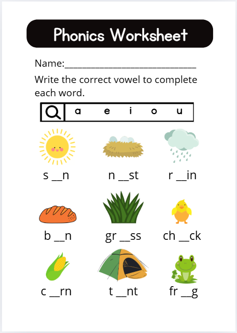 Phonics worksheet with vowel sounds and letter matching for preschool and kindergarten