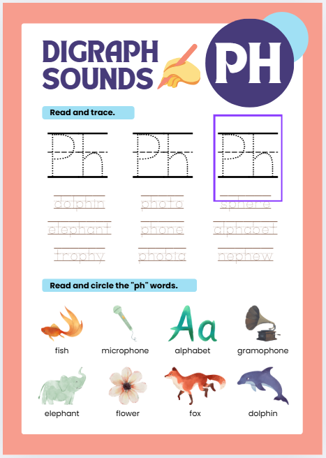PH digraph phonics worksheet with phone and dolphin pictures for preschool and kindergarten