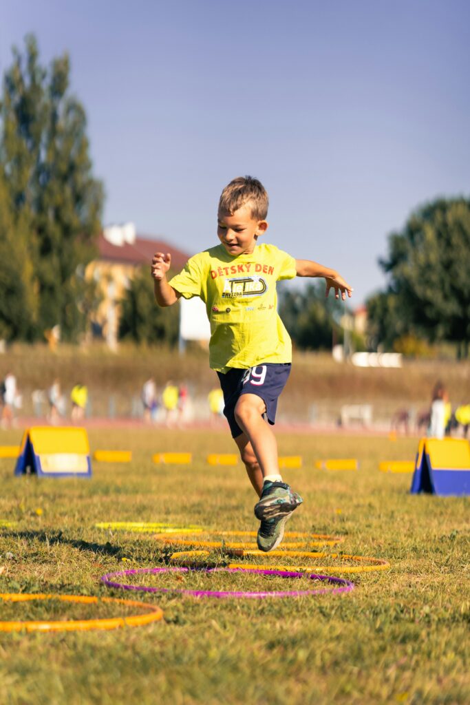 Kindergarten sports with different athletic equipment