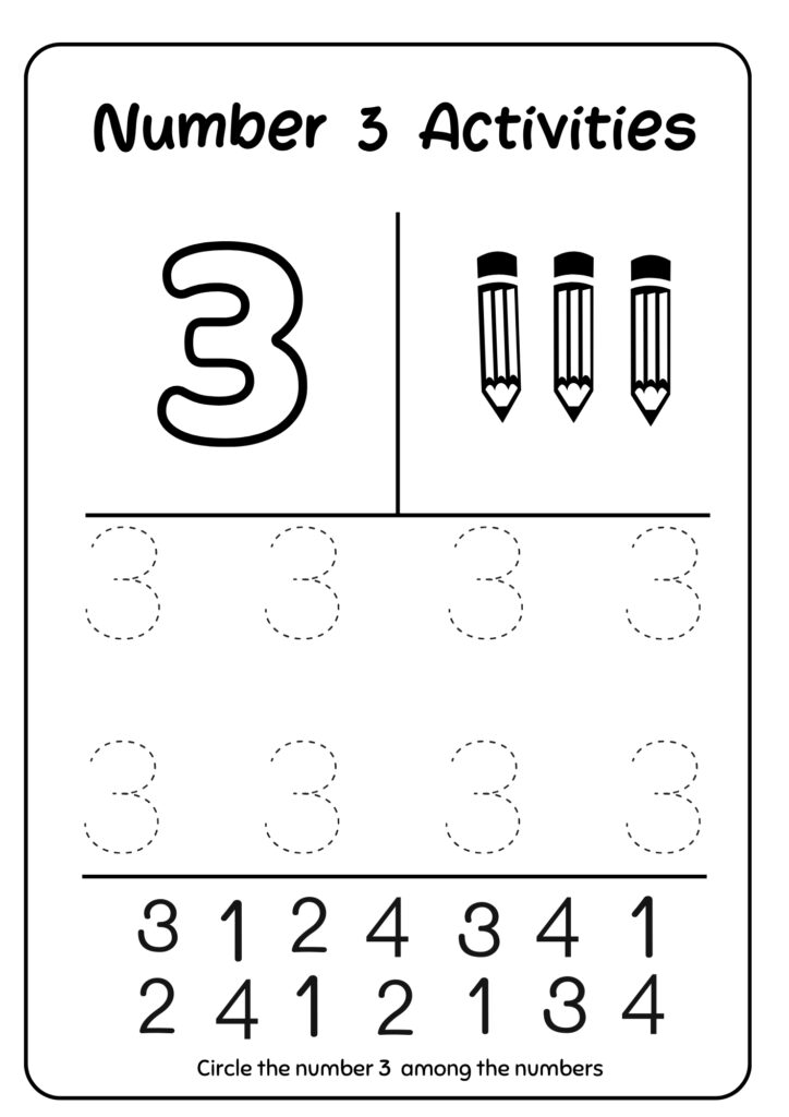 Number 3 preschool worksheet with tracing and counting activities for homeschooling