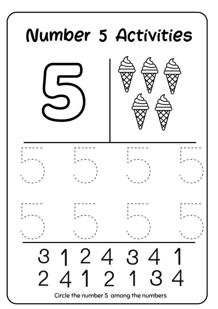 Printable tracing worksheet for the number 5, showing large dotted numerals, five stars to color, and practice rows for writing.