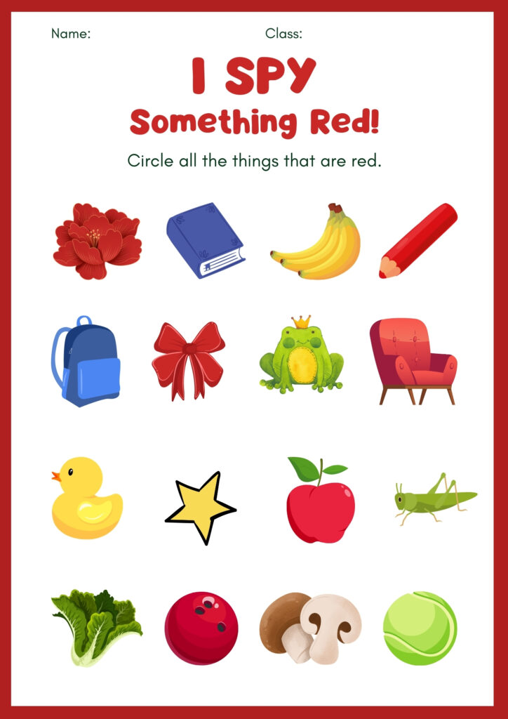 I Spy the Colour worksheet for preschoolers. Shows a grid of colorful objects like a red apple, blue fish, yellow sun, and green leaf for children to find and color.