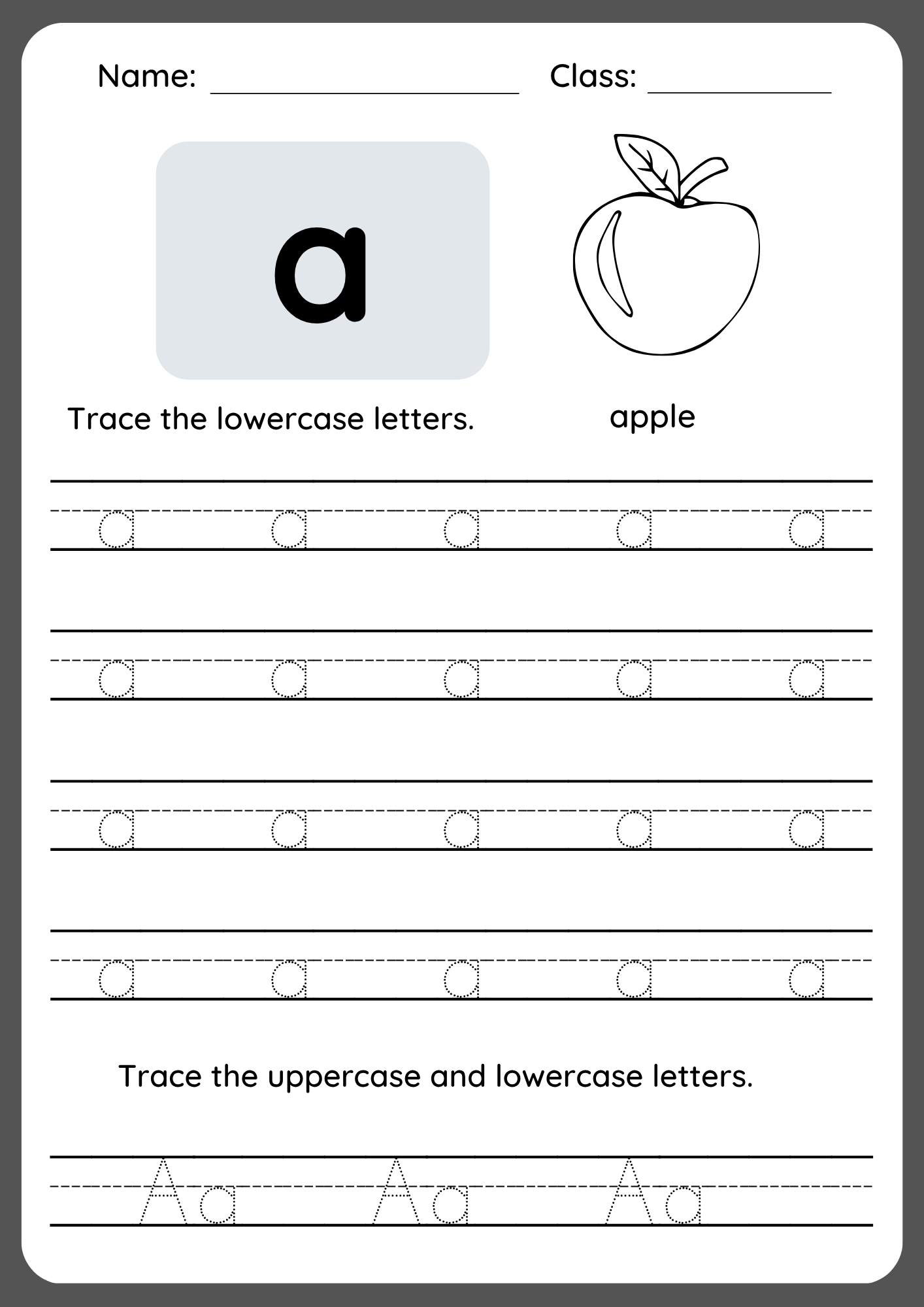 Printable worksheet for tracing lowercase letter a with dotted lines and directional arrows