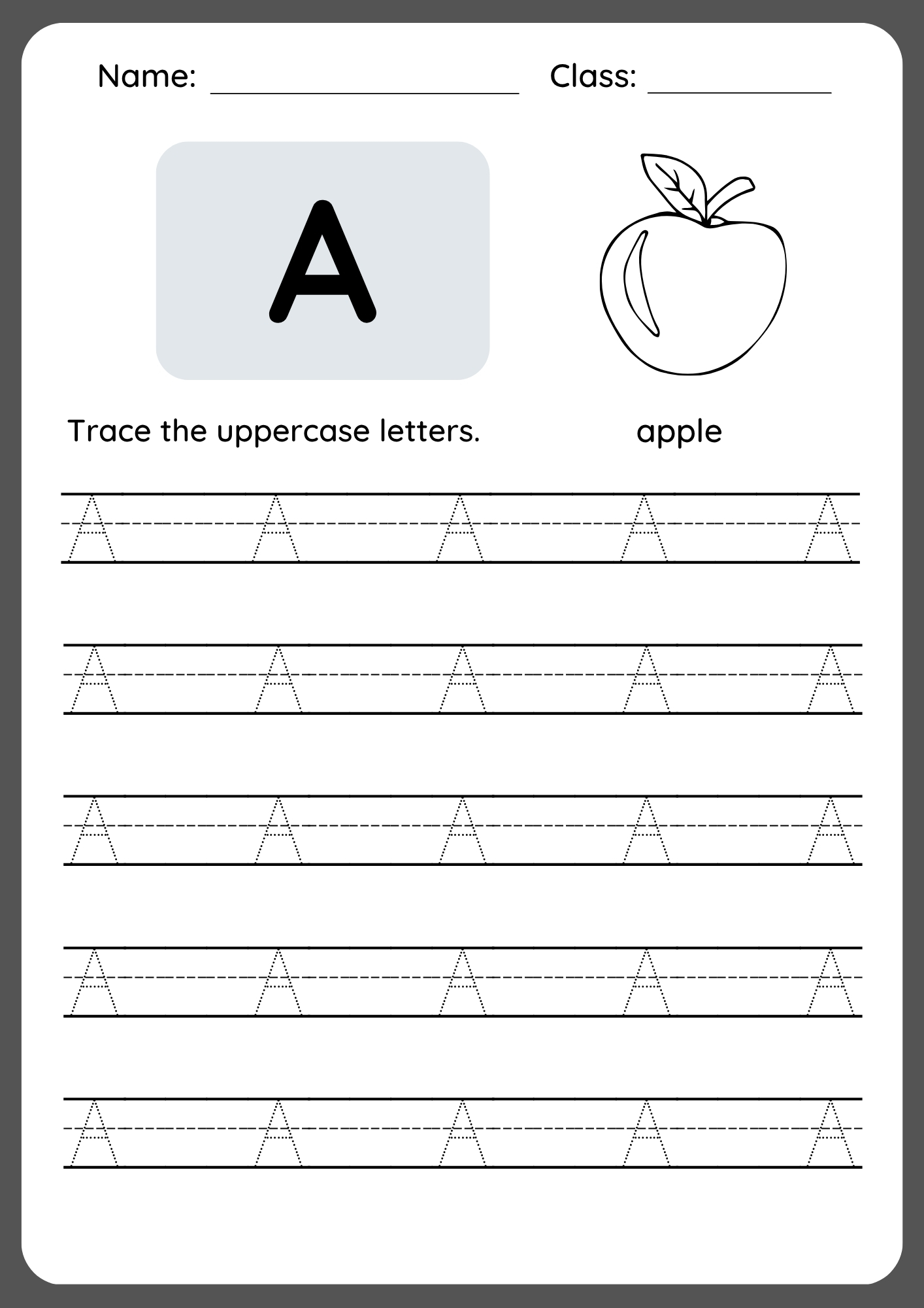 Printable worksheet for tracing uppercase A with dotted lines and directional arrows