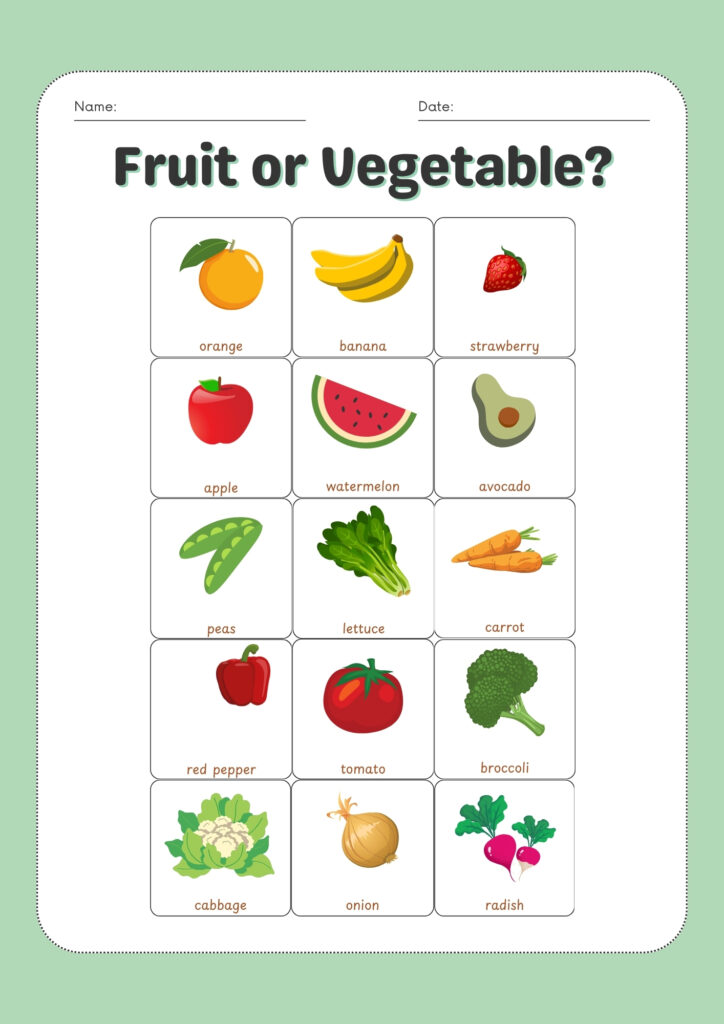 Fruit and vegetable sorting worksheet for preschool. Shows pictures of apples, bananas, carrots, and broccoli with two baskets labeled "fruits" and "vegetables" for children to cut and paste.