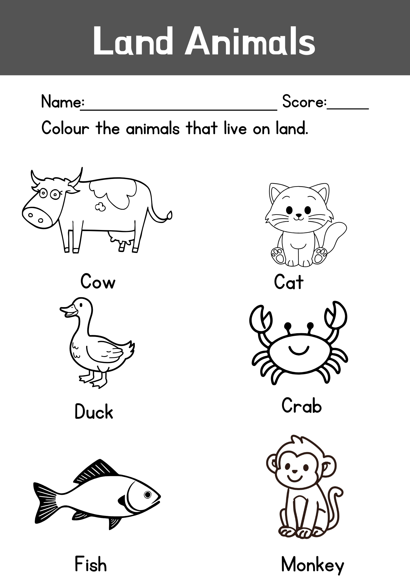 A worksheet for children with outlined drawings of common land animals—such as a lion, elephant, and bear—ready to be colored.