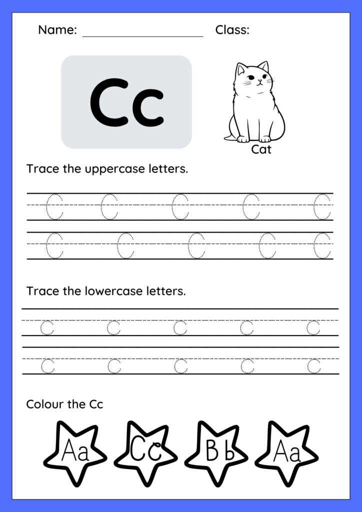 A simple tracing worksheet for slow learners, featuring a dotted capital C and lowercase c. A child's hand traces the letter, with pictures of a cat and a car for the /c/ sound.