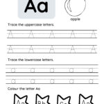 "A printable preschool worksheet with a large dotted letter 'A' for tracing, accompanied by a red apple illustration and directional tracing arrows."