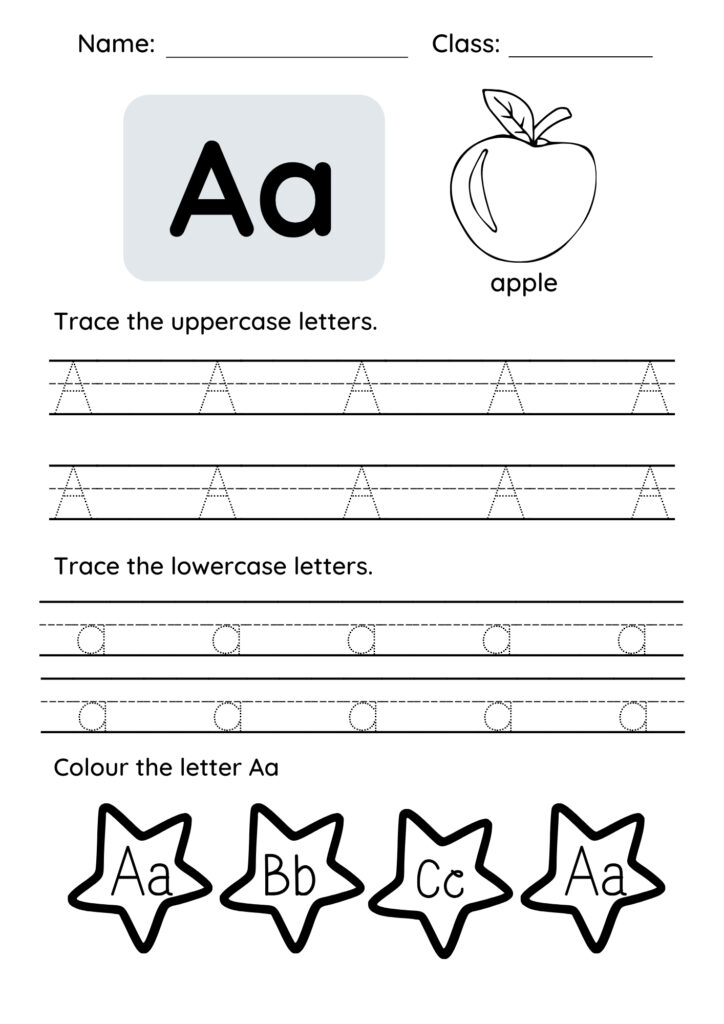 "A printable preschool worksheet with a large dotted letter 'A' for tracing, accompanied by a red apple illustration and directional tracing arrows."