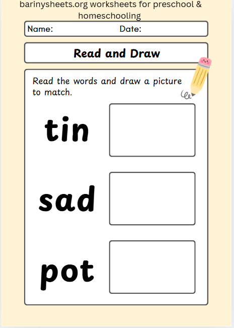 Read and draw phonics worksheet with word-to-picture activities for preschool and kindergarten