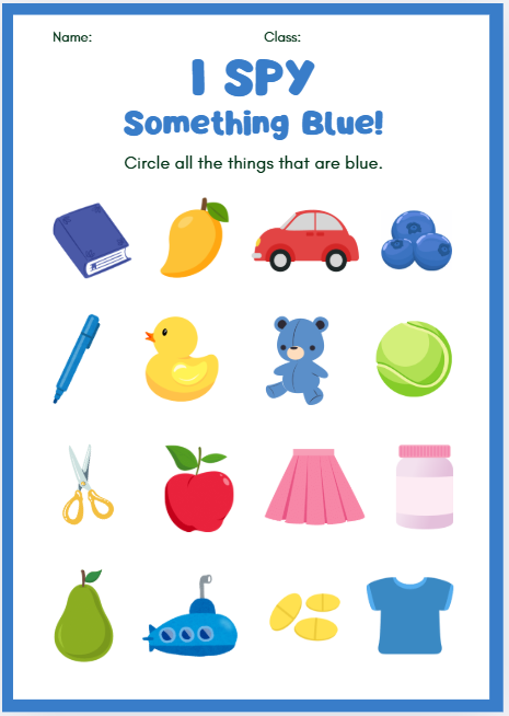 I Spy Colors worksheet with colorful objects for preschool and kindergarten color recognition