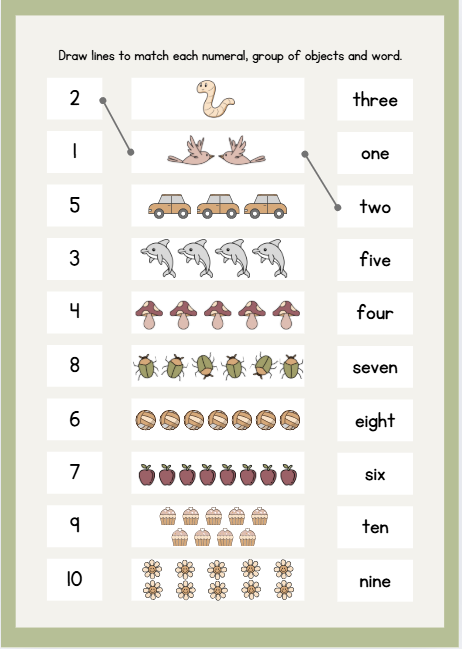 Number spelling worksheet for numbers 1-10 with tracing activities for preschool and kindergarten
