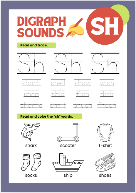 SH digraph phonics worksheet with sheep and ship pictures for preschool and kindergarten