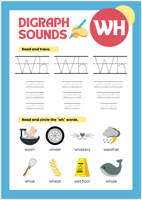 WH digraph phonics worksheet with whale and wheel pictures for preschool and kindergarten