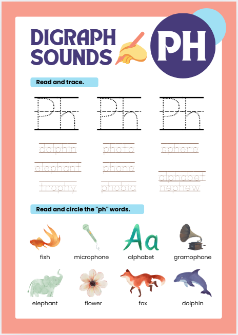 PH Digraph worksheet with phone and elephant pictures for preschool and kindergarten phonics