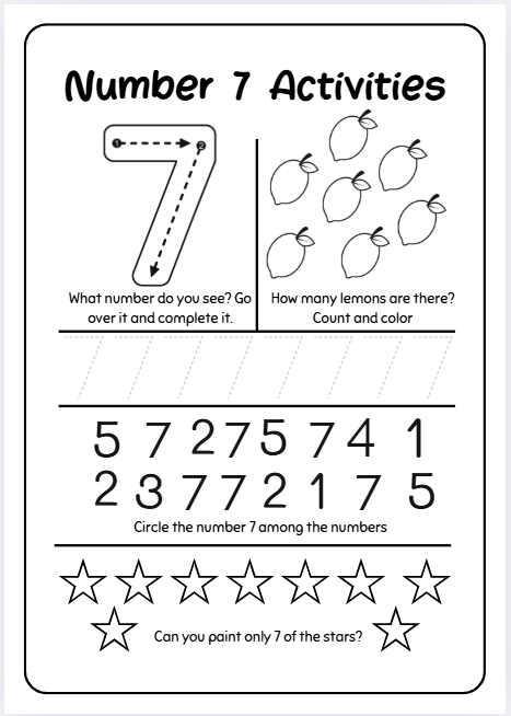 Number 7 tracing practice worksheet for preschool and kindergarten math skills